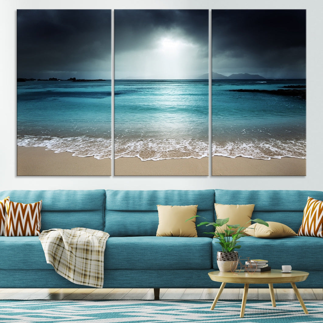 Dark Sky Bright Ocean Beach Large Wall Art Canvas Print