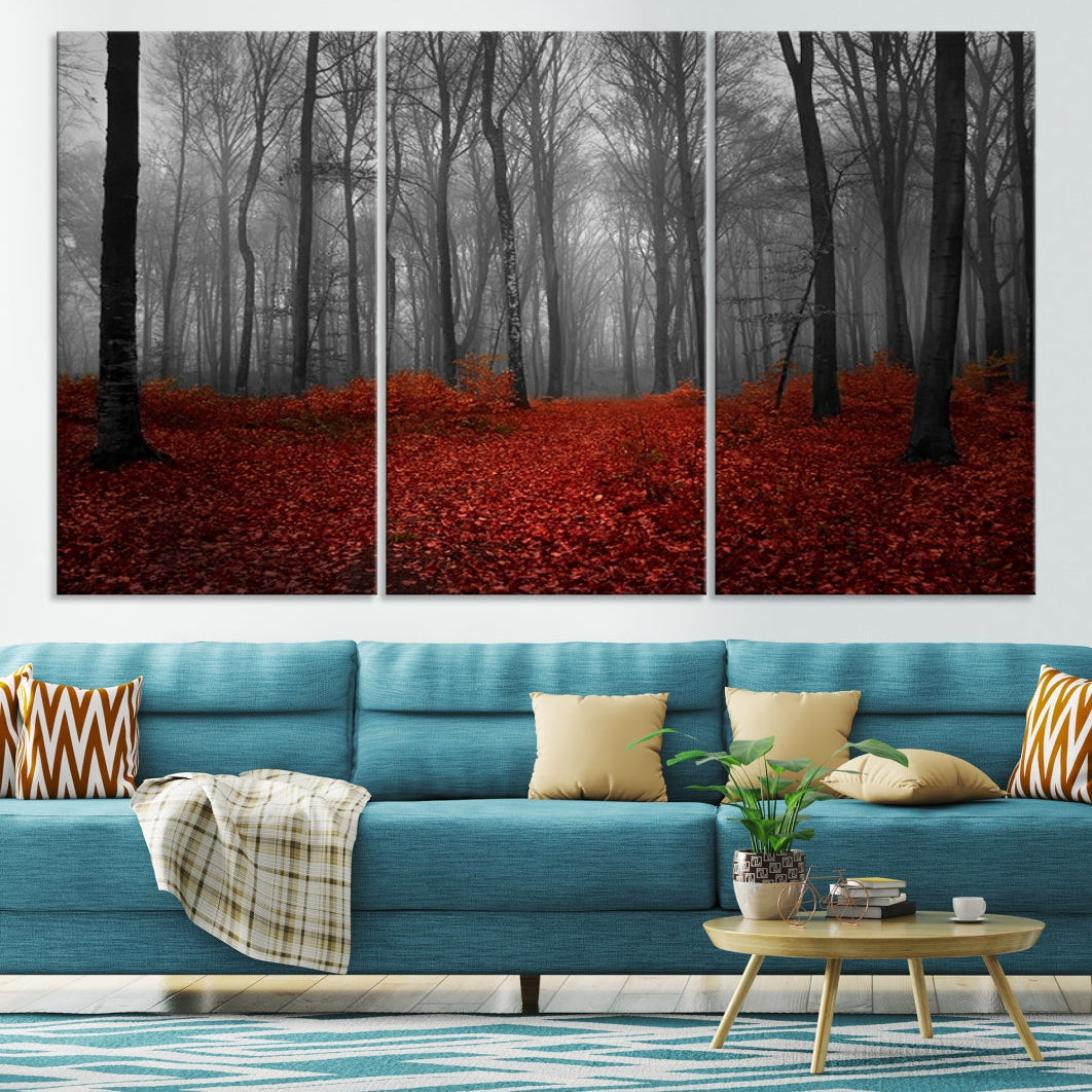 Foggy Forest with Red Leaves Autumn Landscape Giclee Canvas Extra Large Wall Art Print