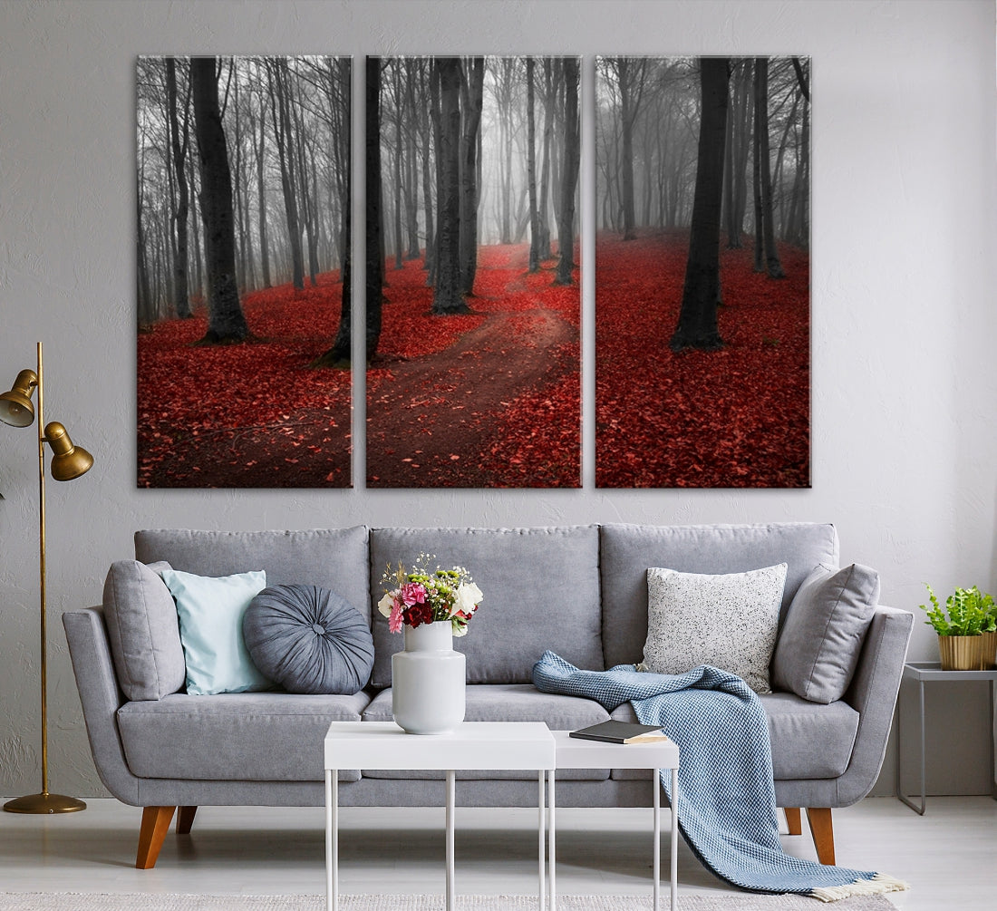 Wonderful Forest with Red Leaves on Ground Large Wall Art Landscape Canvas Print