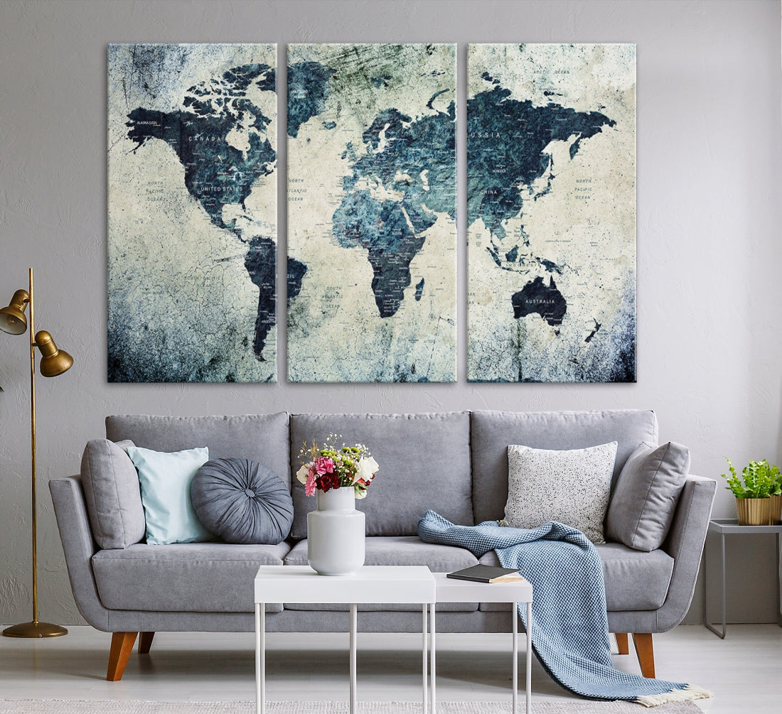 Extra Large World Map Wall Art Watercolor Painting on Canvas Print Grunge Vintage Decor