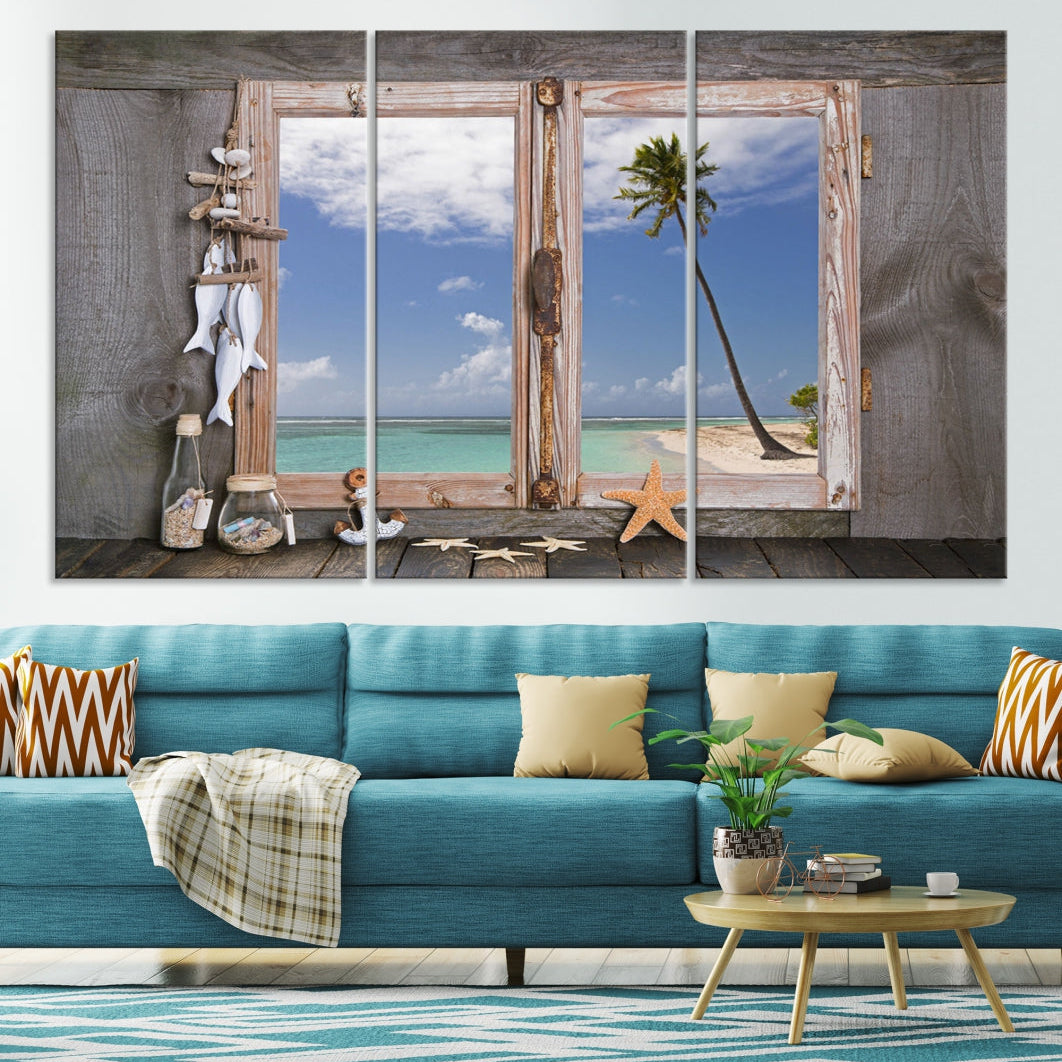 Large Window Wall Art Relaxing Beach Photo Canvas Art Print Starfish Seashells Nautical Art Framed Ocean Artwork