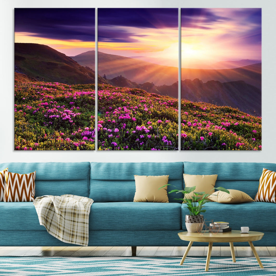 Alluring Spring Mountain with Flowers Sunset Landscape Canvas Wall Art Print