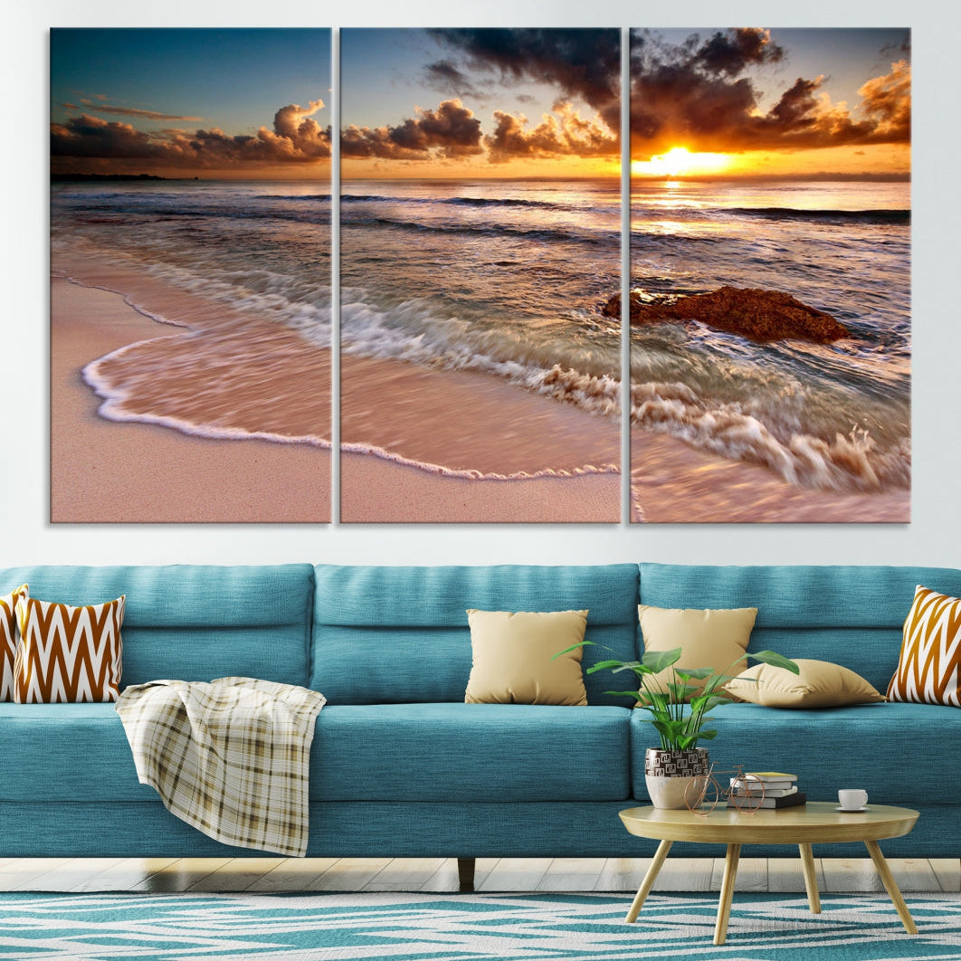 Breathtaking Sunset and Calm Beach Waves Canvas Wall Art Print