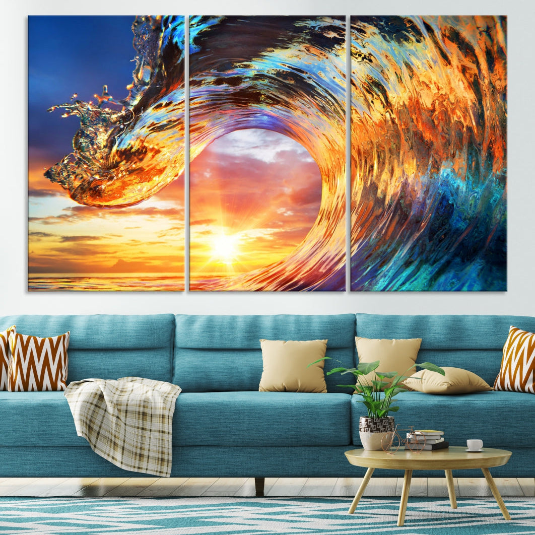 Large Canvas Wall Art Print of a Surface Wave Sunset Ocean