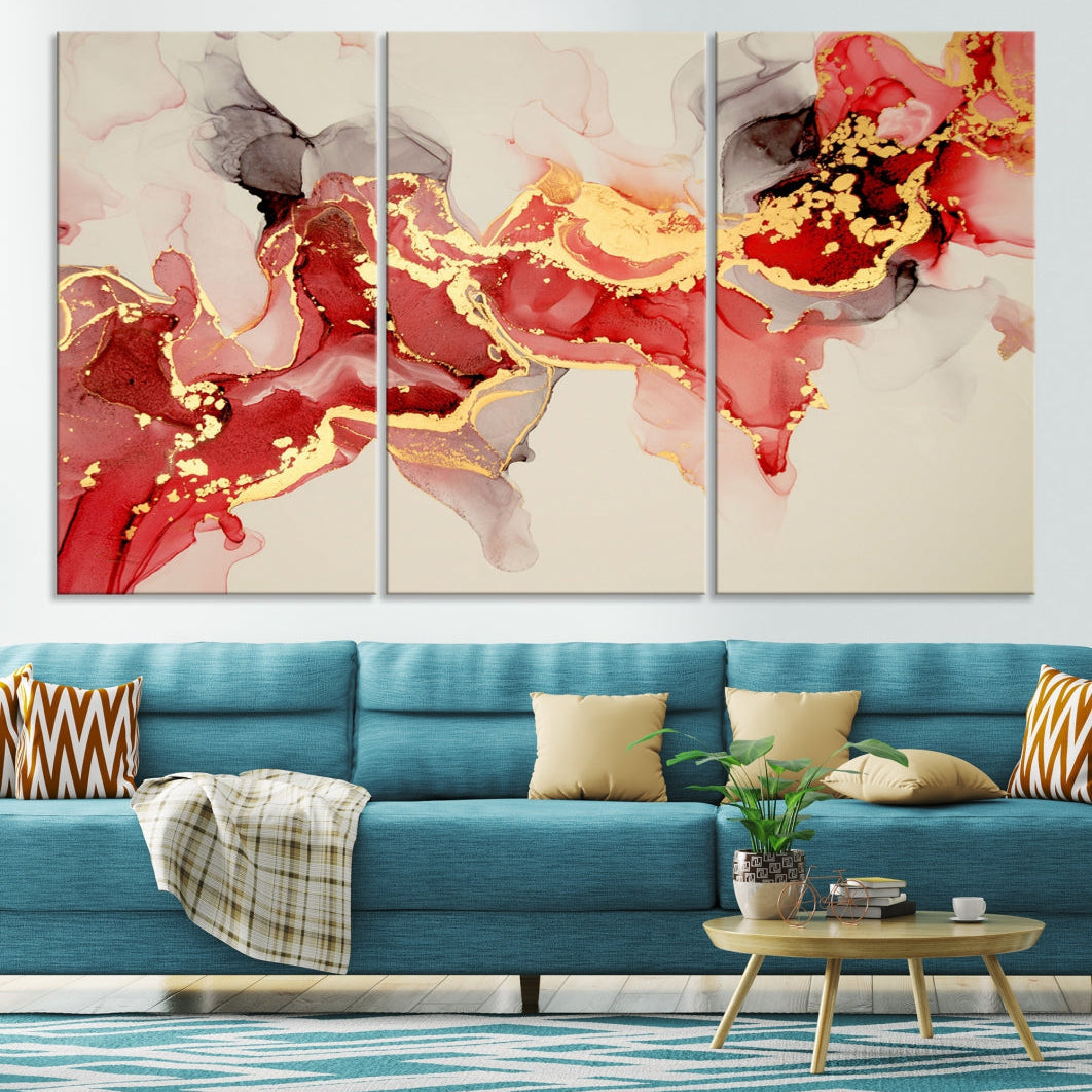 Contemporary Red Gold Abstract Painting on Canvas Print Framed Wall Decor