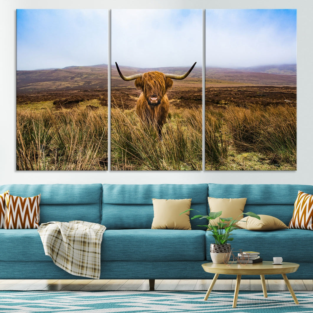 Highland Cow with Beautiful Landscape Canvas Wall Art Print Large Animal Art Print Farmhouse Ranch Farm Decor Cute Animals Cow Print Framed Ready to Hang Original Canvas Artwork