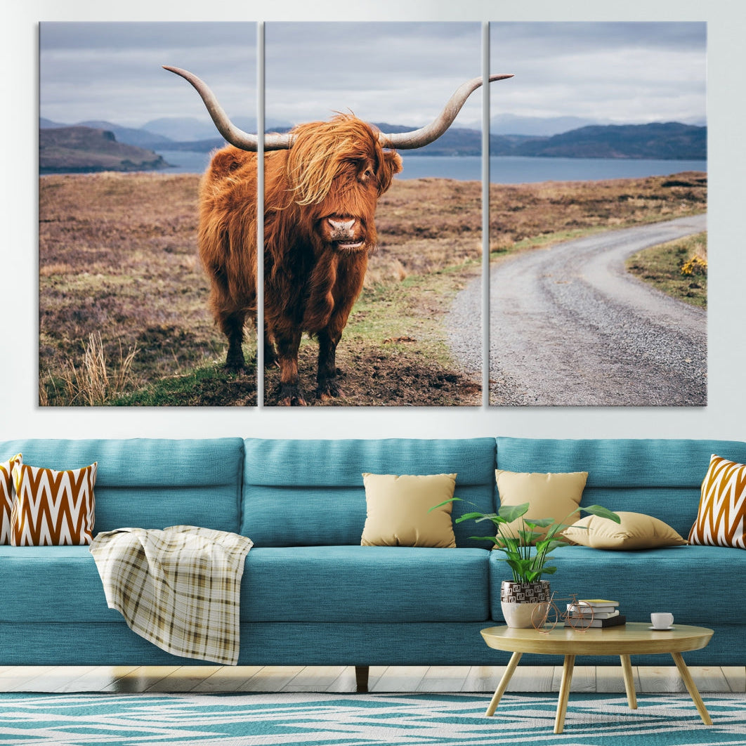 Highland Cow with Big Horn Canvas Wall Art Animal Photo Print Wall Decor