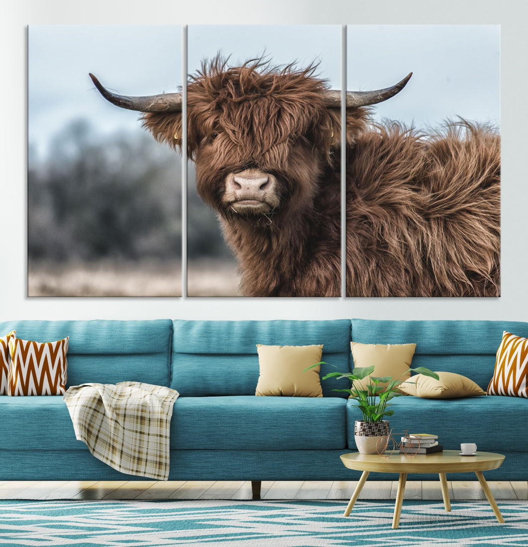 Fluffy Highland Cow Photograph Large Wall Art Canvas Print Cute Animals Picture Wall Decor Artwork for Living Room Farmhouse Printable Art Housewarming Gift Modern Home Art Decor