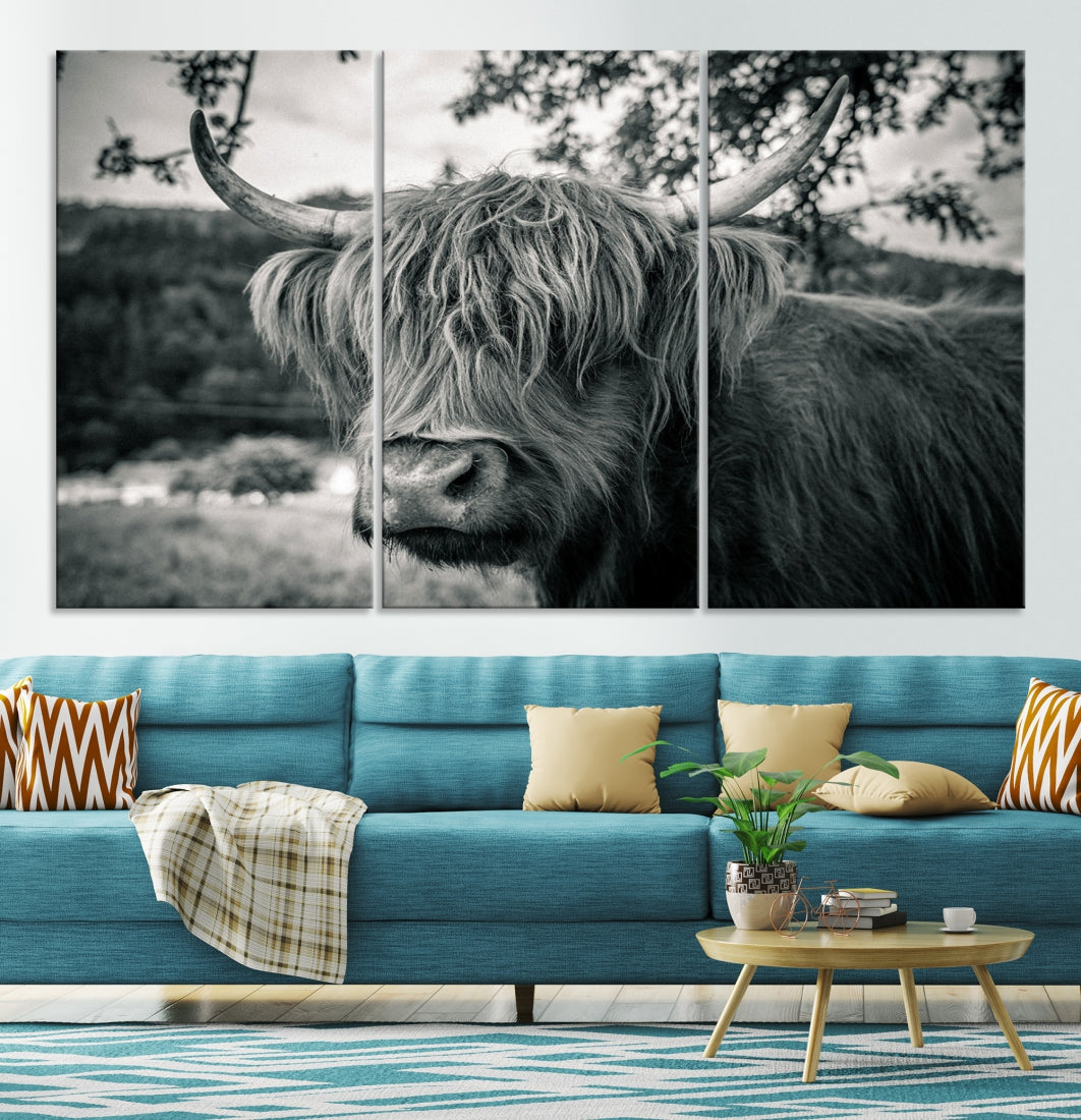 Beautiful Highland Cow Wall Art Large Canvas Print Black and White Wall Decor