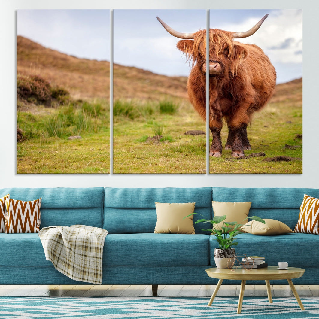 Highland Cow Large Animal Canvas Wall Art Texas Cow Canvas Art Cattle Photograph Art Canvas Picture Animal Art Print Home Decor Farmhouse Art Multi Panel Framed Wall Art Canvas Print