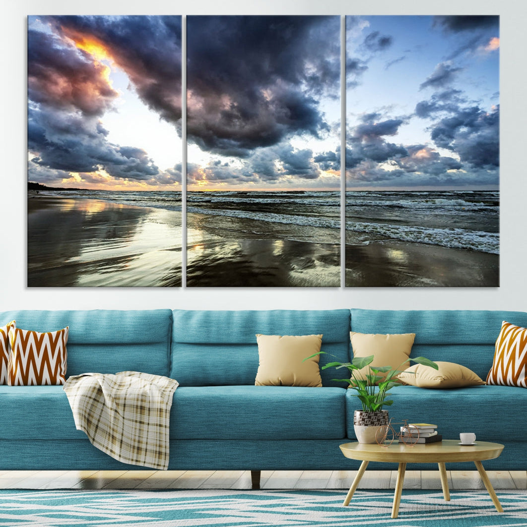 Cloudy Sky Calm Ocean Beach Nature Large Framed Canvas Art Print