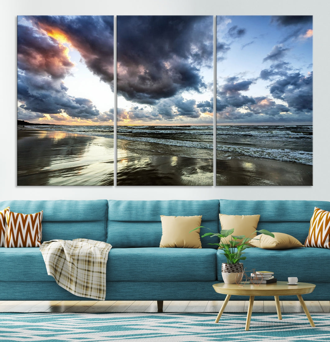 Cloudy Sky Calm Ocean Beach Nature Large Framed Canvas Art Print