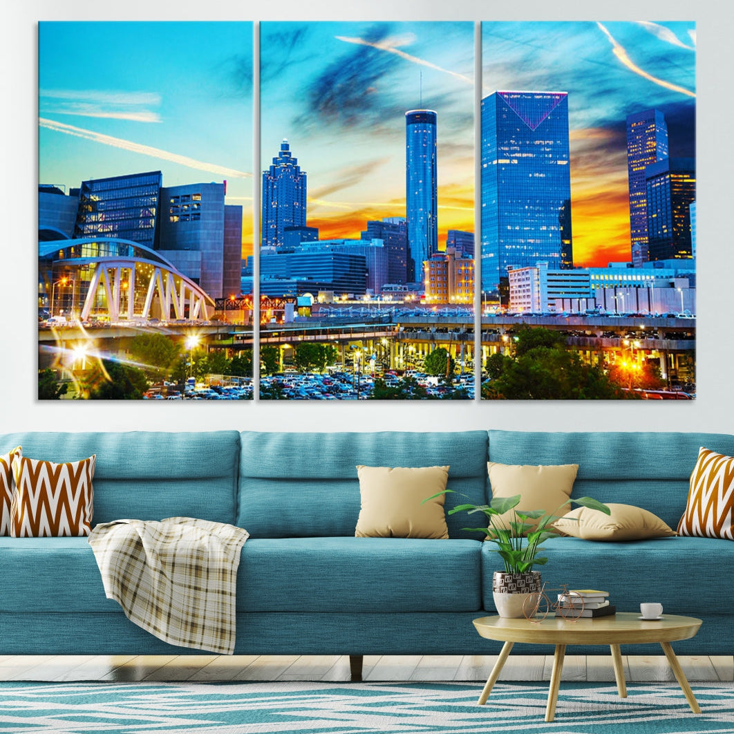 Mesmerizing Atlanta City Sunset Blue Skyline Cityscape Large Canvas Wall Art Print