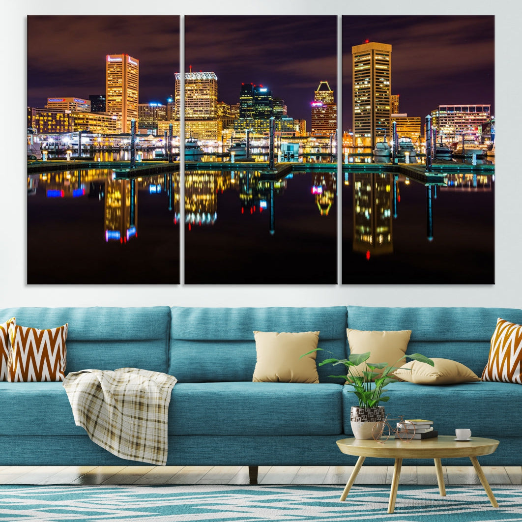 Baltimore City Night Skyline Purple Cityscape Large Wall Art Canvas Print