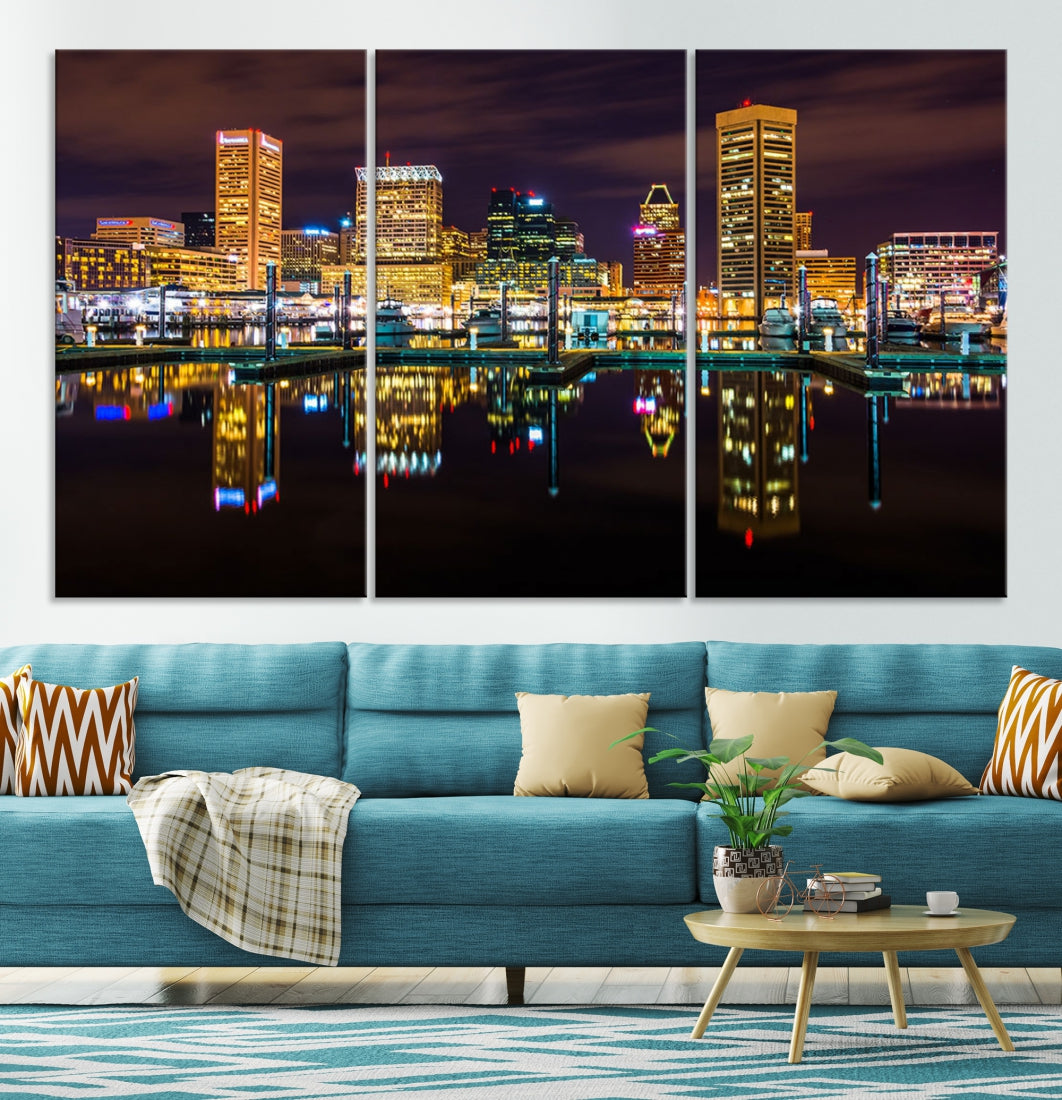 Baltimore City Night Skyline Purple Cityscape Large Wall Art Canvas Print