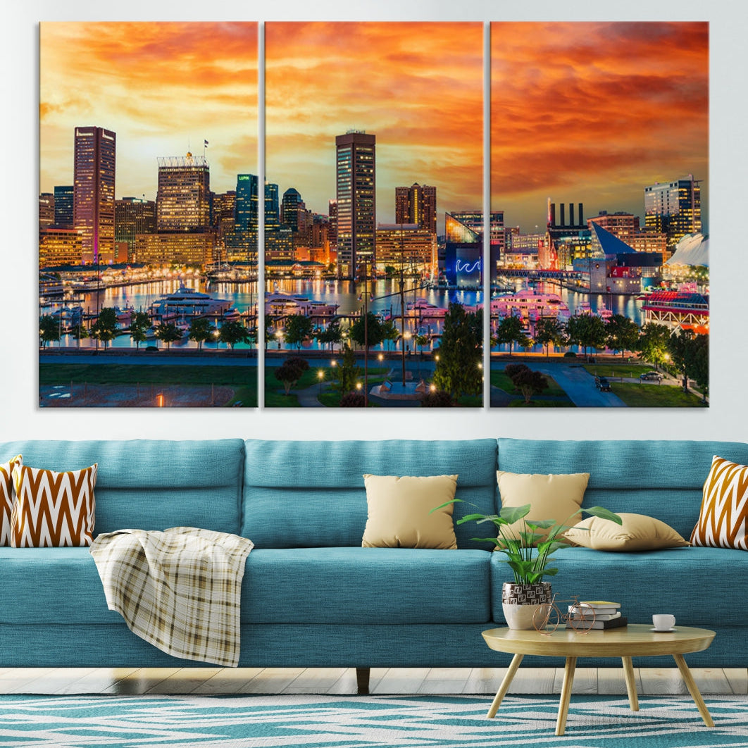 Sunset over Baltimore City Skyline Canvas Wall Art Large Cityscape Print