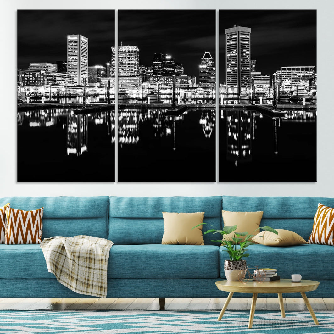 Black and White Baltimore Downtown Night Skyline Wall Art Cityscape Canvas Print