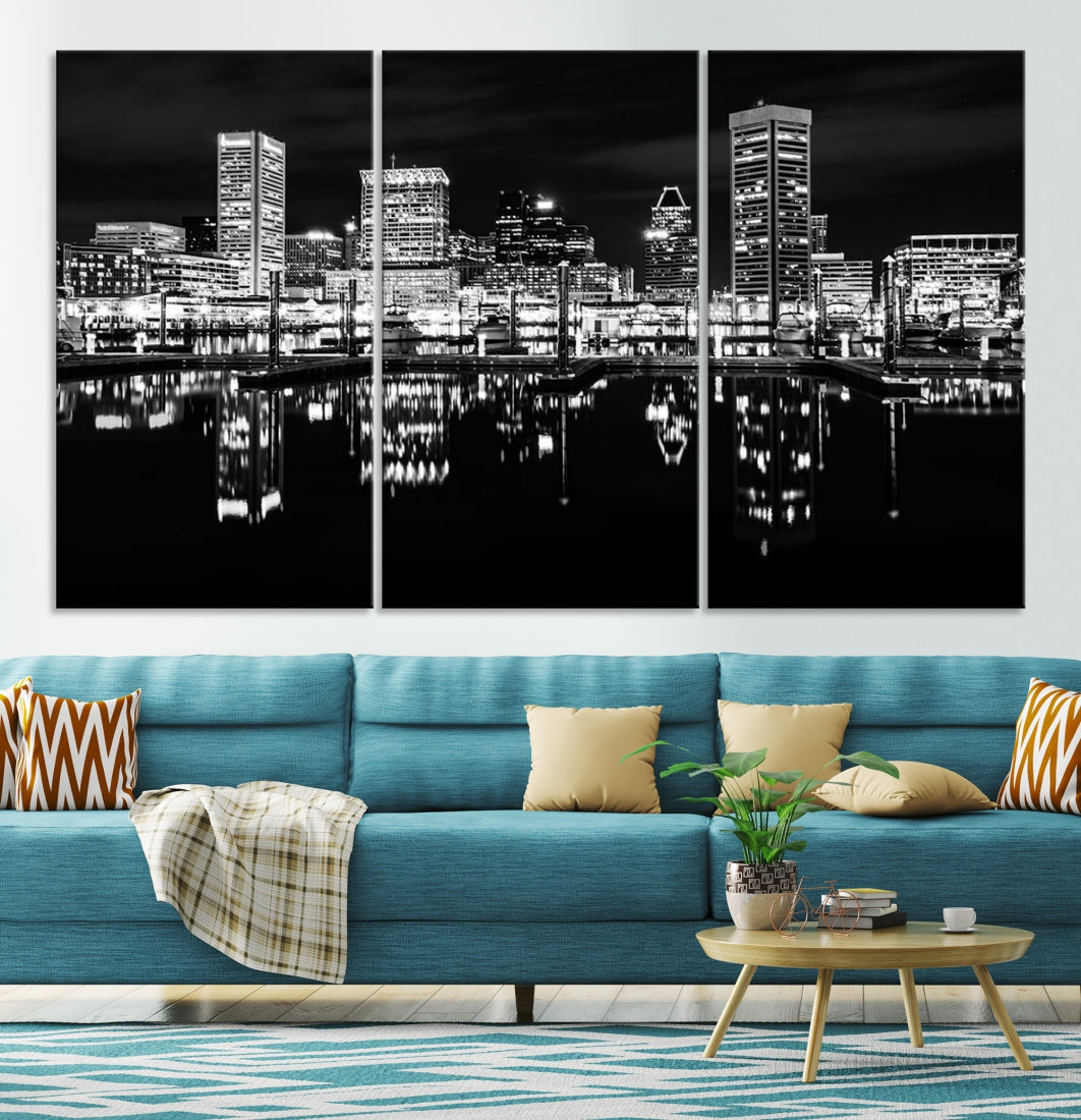 Black and White Baltimore Downtown Night Skyline Wall Art Cityscape Canvas Print