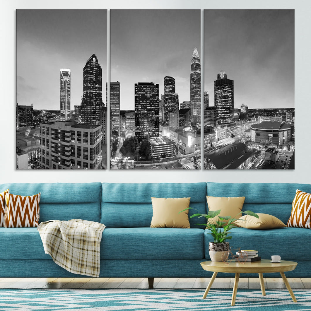 Aerial Charlotte City Skyline Wall Art Black and White Cityscape Canvas Print