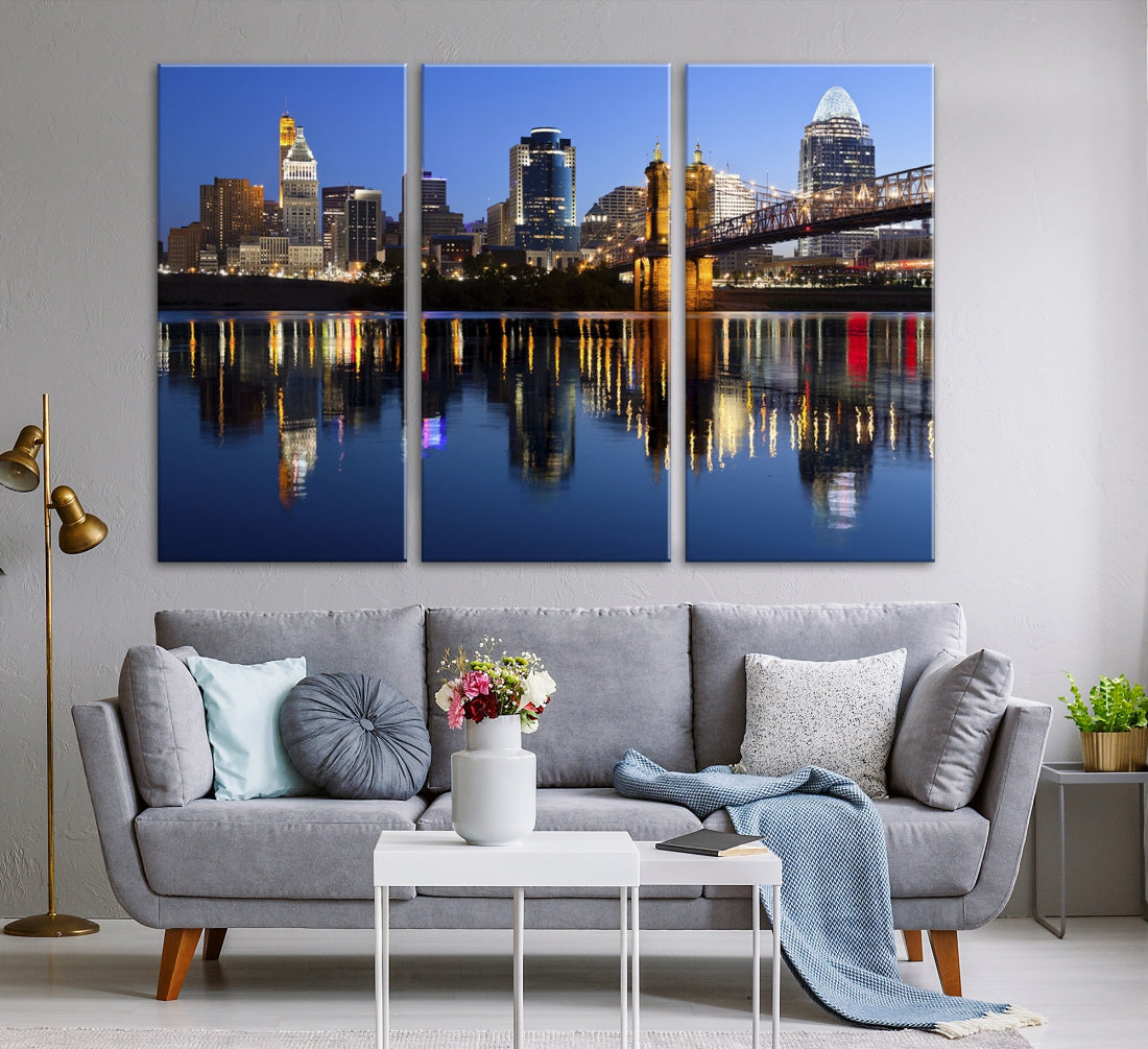 Cincinnati Night Skyline Reflections Large Cityscape Wall Art Canvas Print