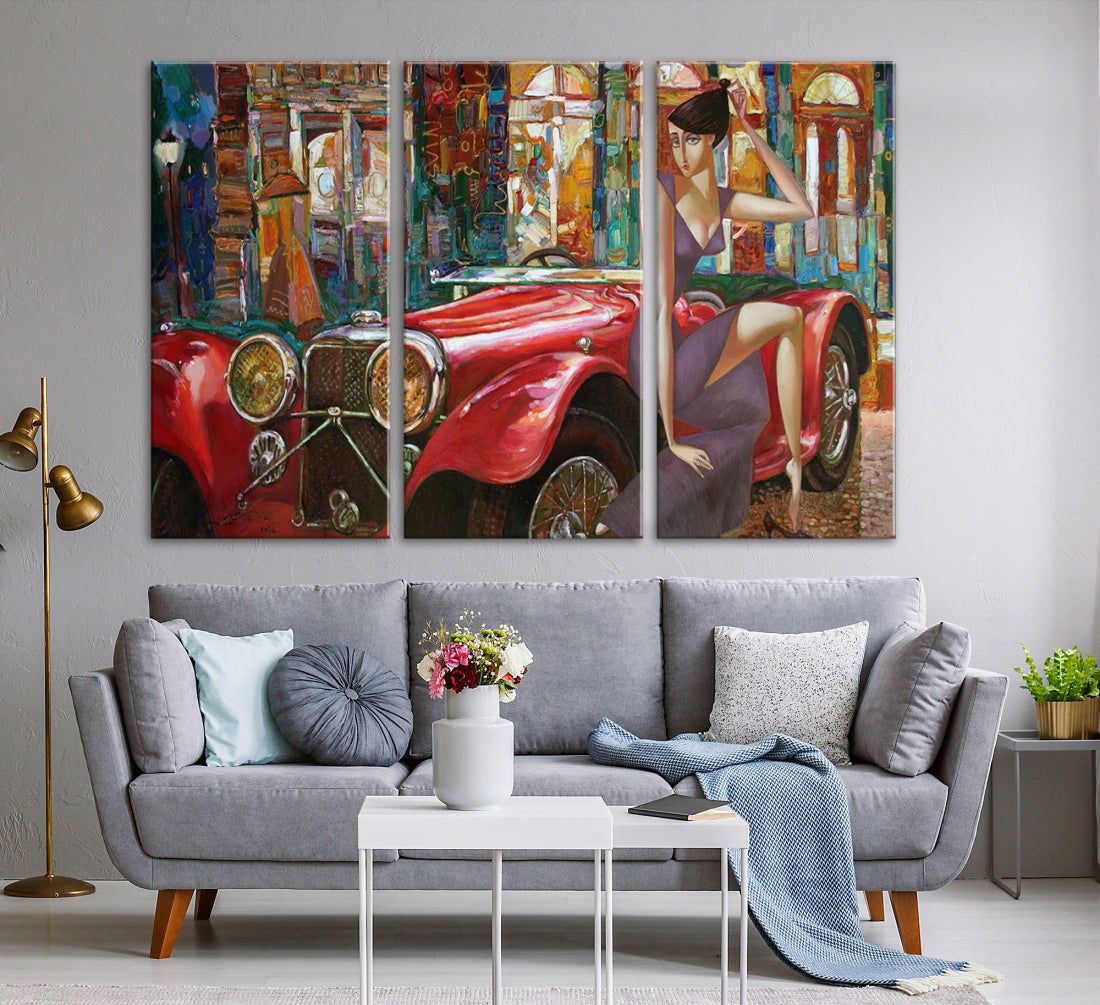 Lady With a Red Old Antique Car Jalopy Wall Art Canvas Print