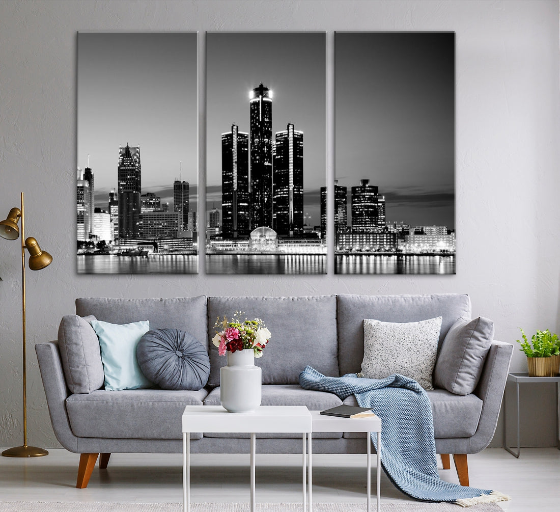 Extra Large Detroit Skyline Black and White Cityscape Wall Art Canvas Print