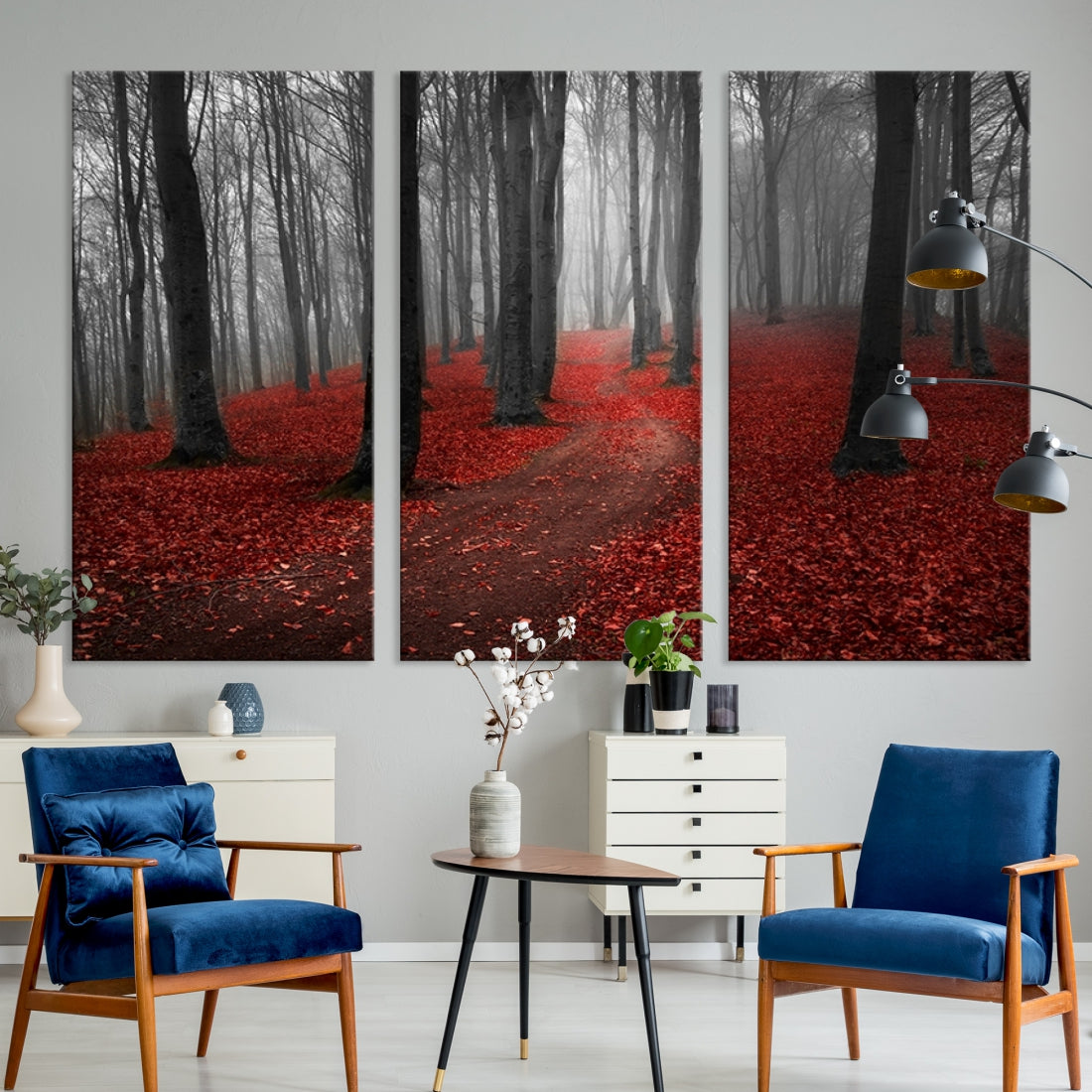 Wonderful Forest with Red Leaves on Ground Large Wall Art Landscape Canvas Print