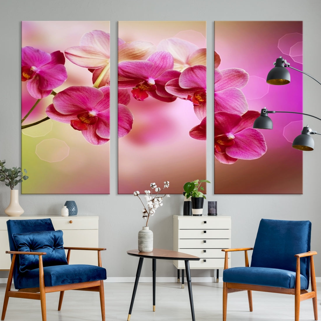 Large Wall Art Floral Canvas PrintPink Orchids on Pink Blurry Background