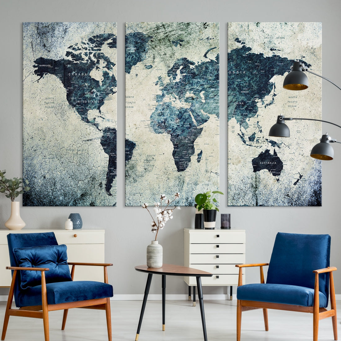 Extra Large World Map Wall Art Watercolor Painting on Canvas Print Grunge Vintage Decor