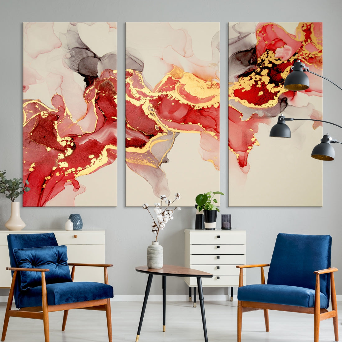 Contemporary Red Gold Abstract Painting on Canvas Print Framed Wall Decor