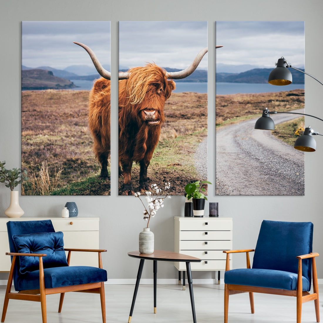 Highland Cow with Big Horn Canvas Wall Art Animal Photo Print Wall Decor