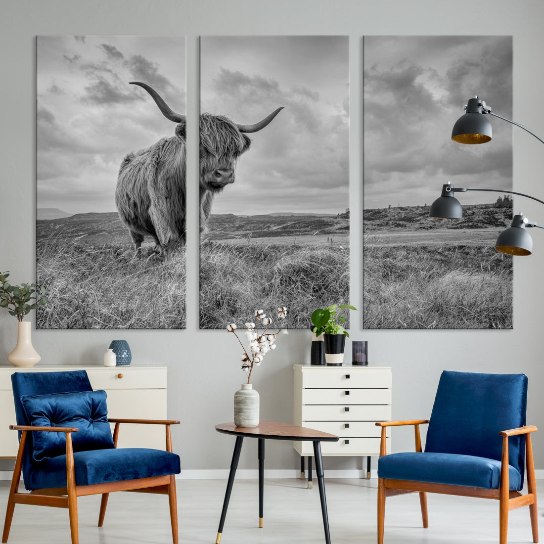 Grayscale Highland Cow Canvas Art Print Extra Large Animal Picture Print on Canvas