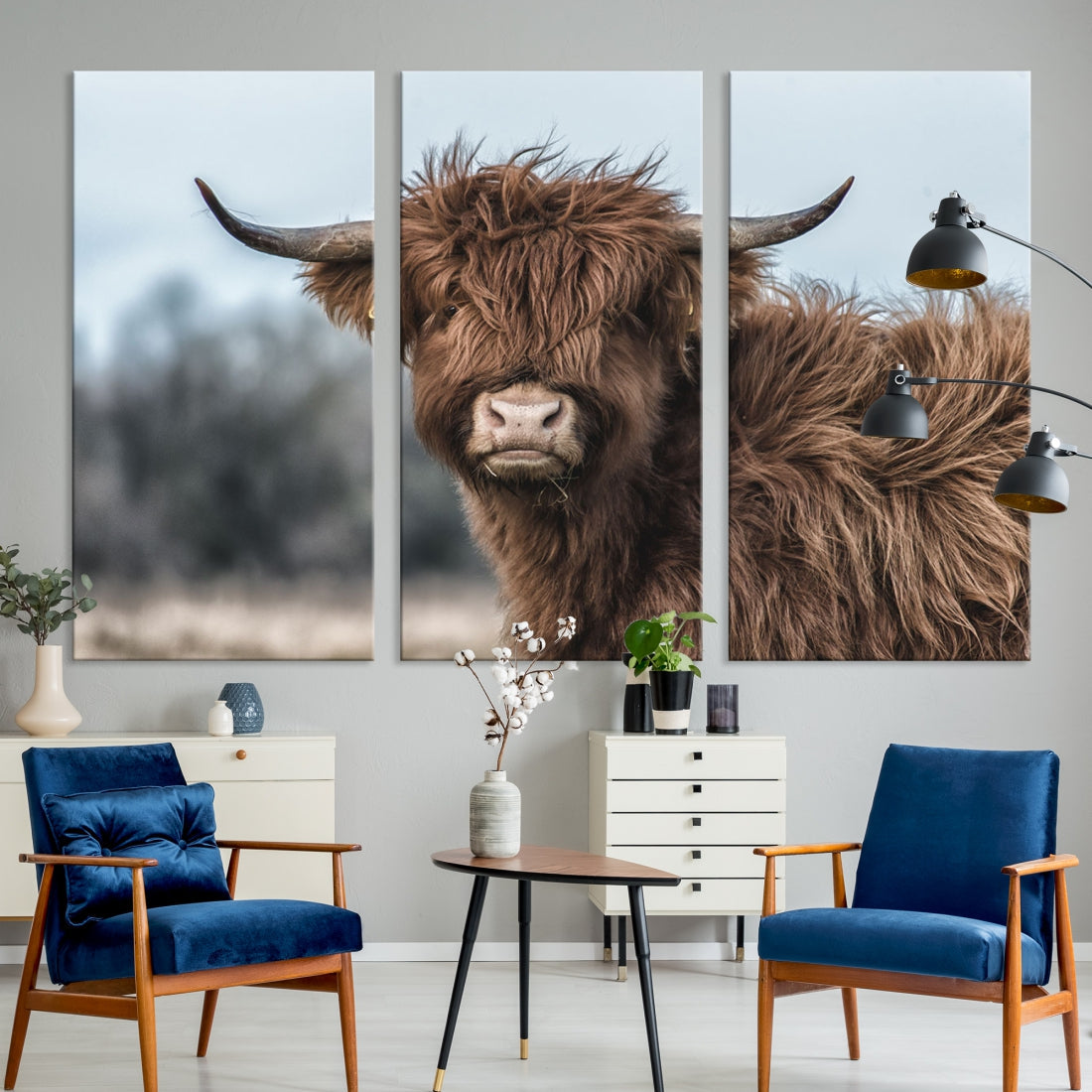 Fluffy Highland Cow Photograph Large Wall Art Canvas Print Cute Animals Picture Wall Decor Artwork for Living Room Farmhouse Printable Art Housewarming Gift Modern Home Art Decor