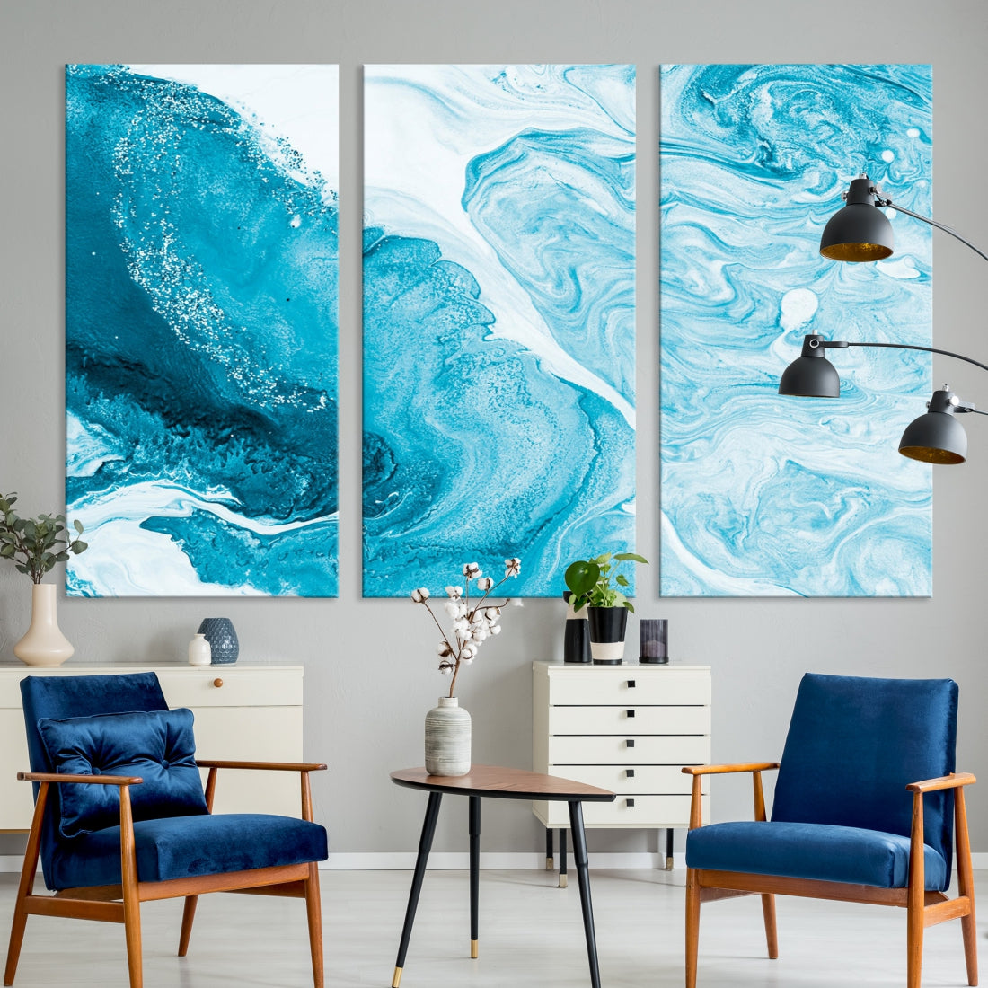 Bright Blue Abstract Painting on Canvas Large Marble Art Print