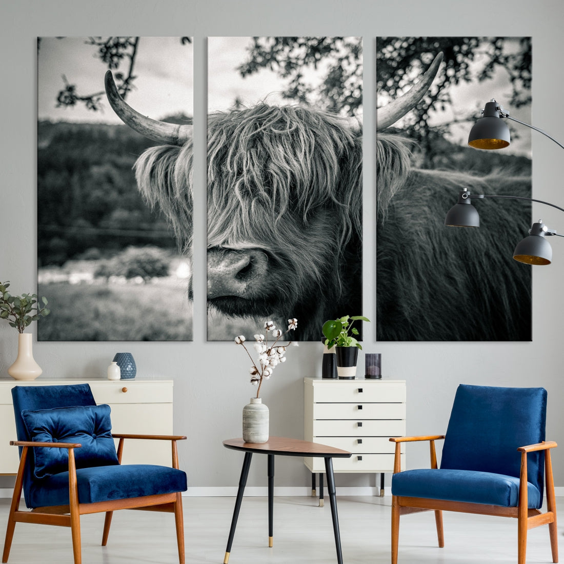 Beautiful Highland Cow Wall Art Large Canvas Print Black and White Wall Decor