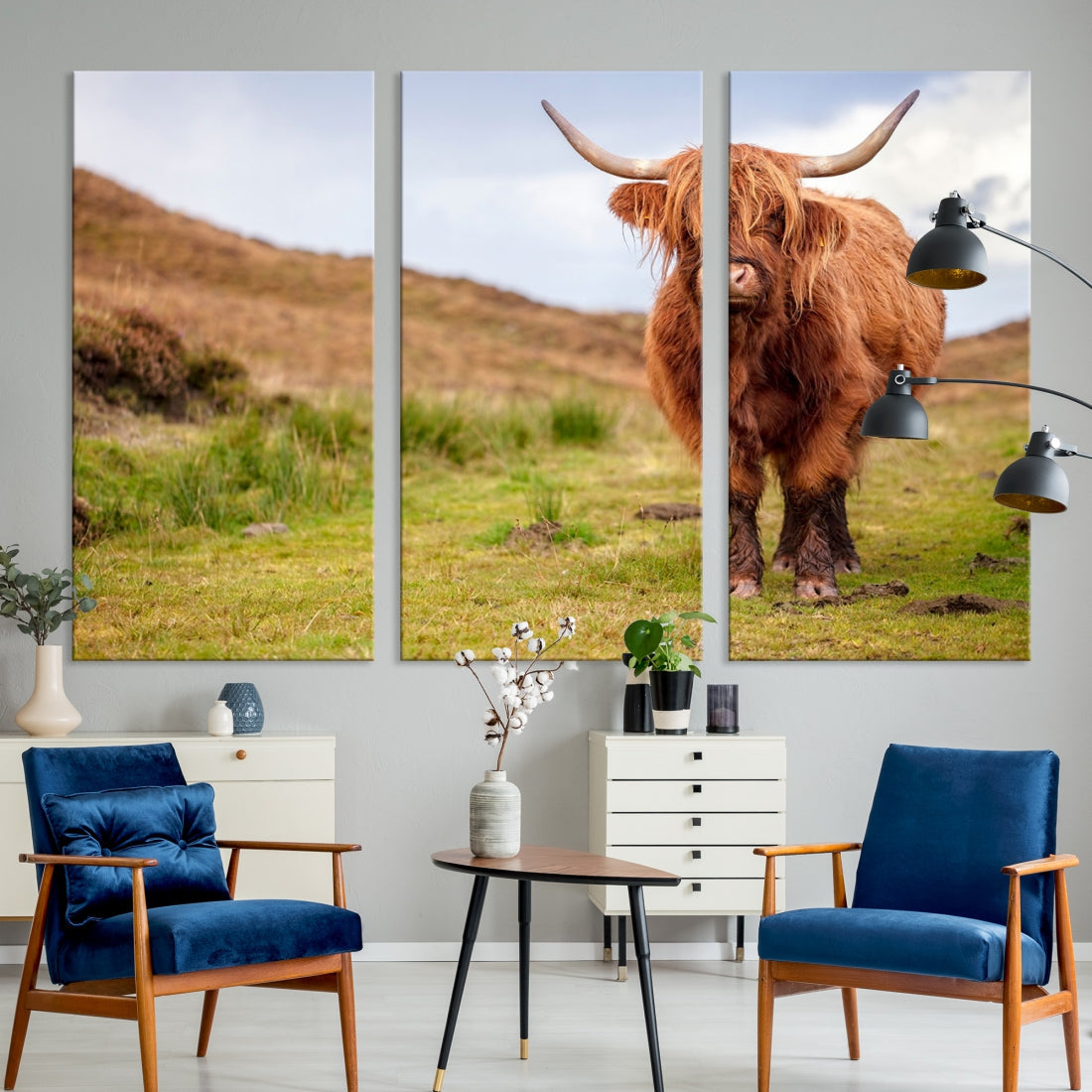 Highland Cow Large Animal Canvas Wall Art Texas Cow Canvas Art Cattle Photograph Art Canvas Picture Animal Art Print Home Decor Farmhouse Art Multi Panel Framed Wall Art Canvas Print