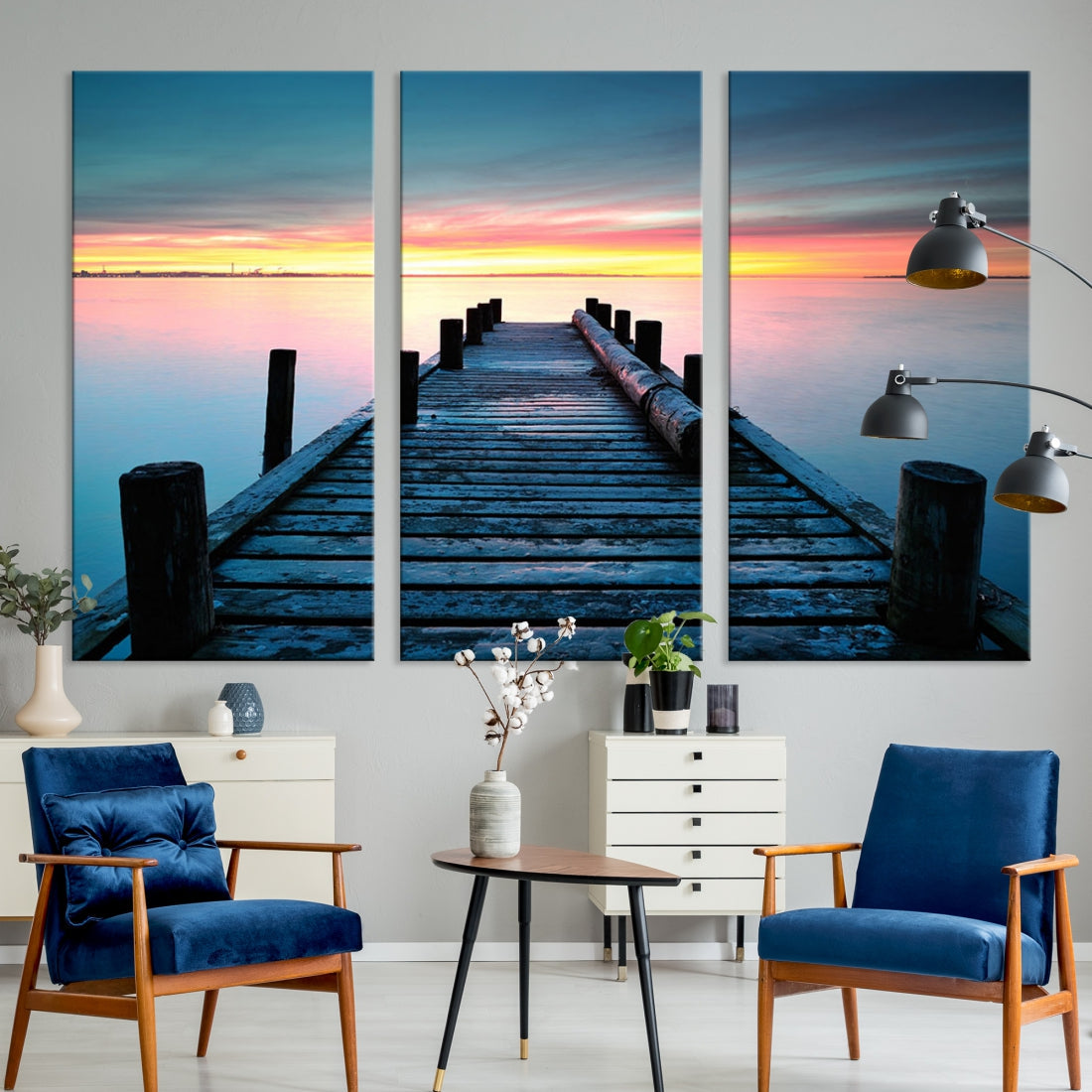 Fantastic Sunset over the Horizon Old Pier Seascape Ocean Wall Art Canvas Print