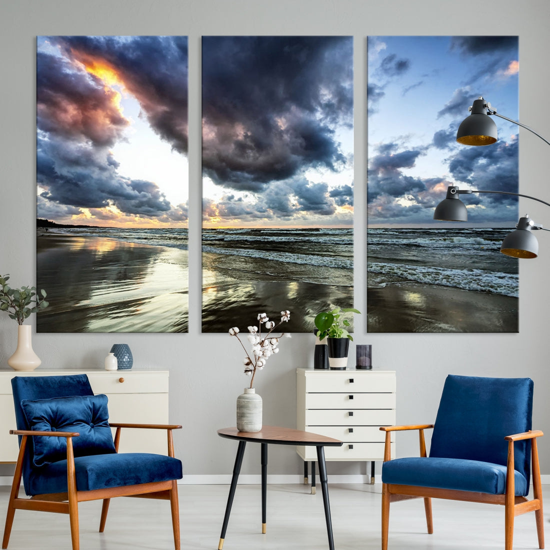 Cloudy Sky Calm Ocean Beach Nature Large Framed Canvas Art Print