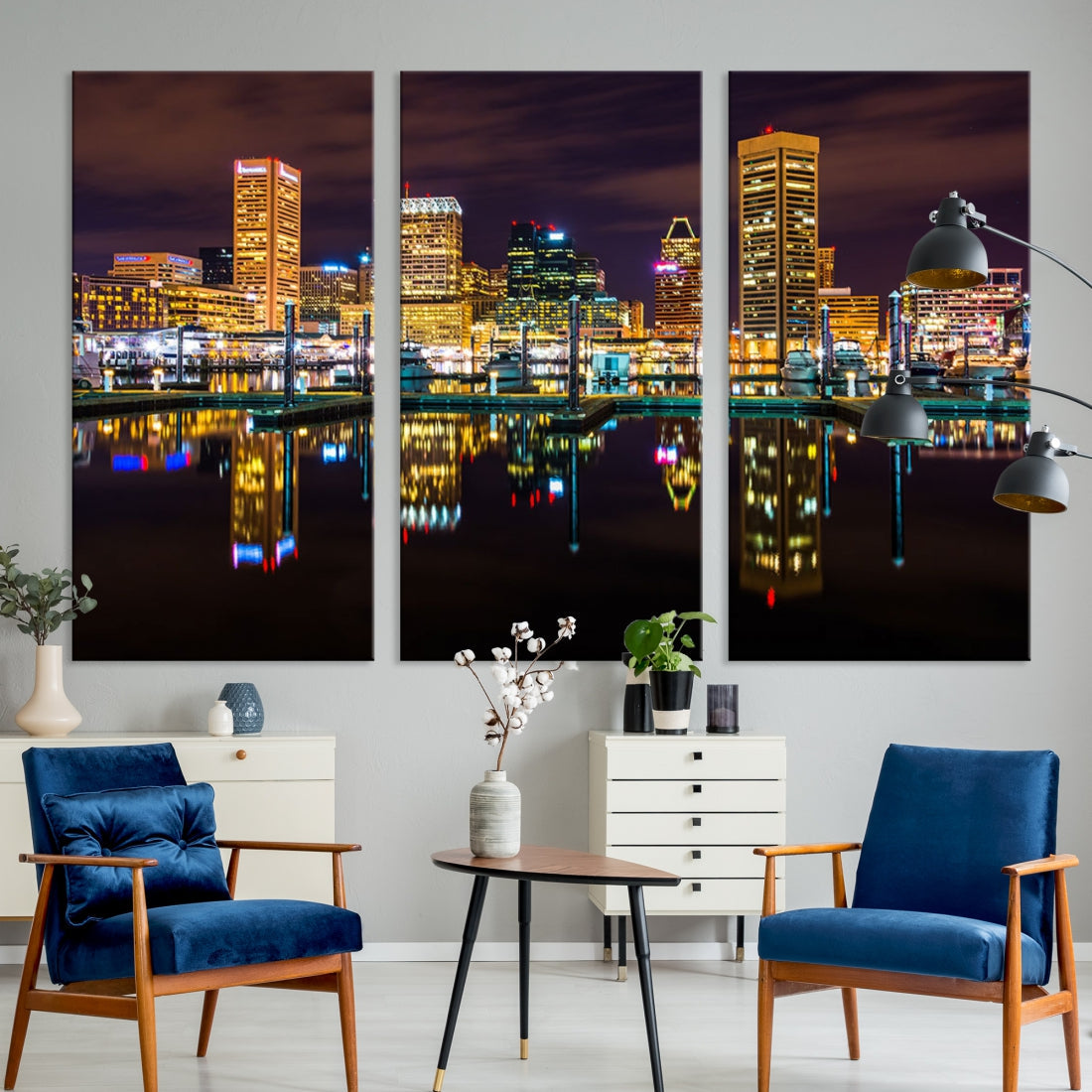 Baltimore City Night Skyline Purple Cityscape Large Wall Art Canvas Print