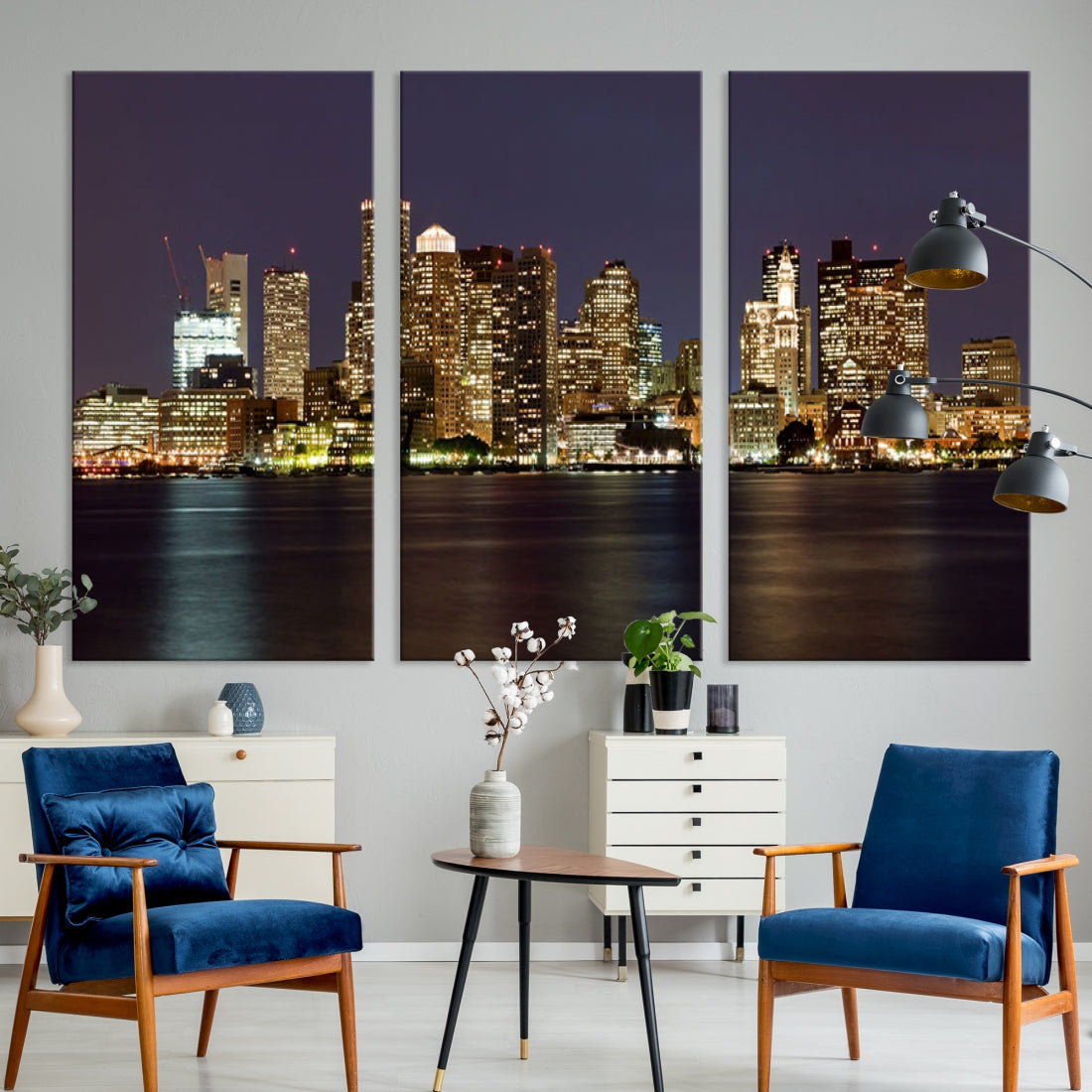 XLarge Boston City Skyline Wall Art Night Cityscape Canvas Print
