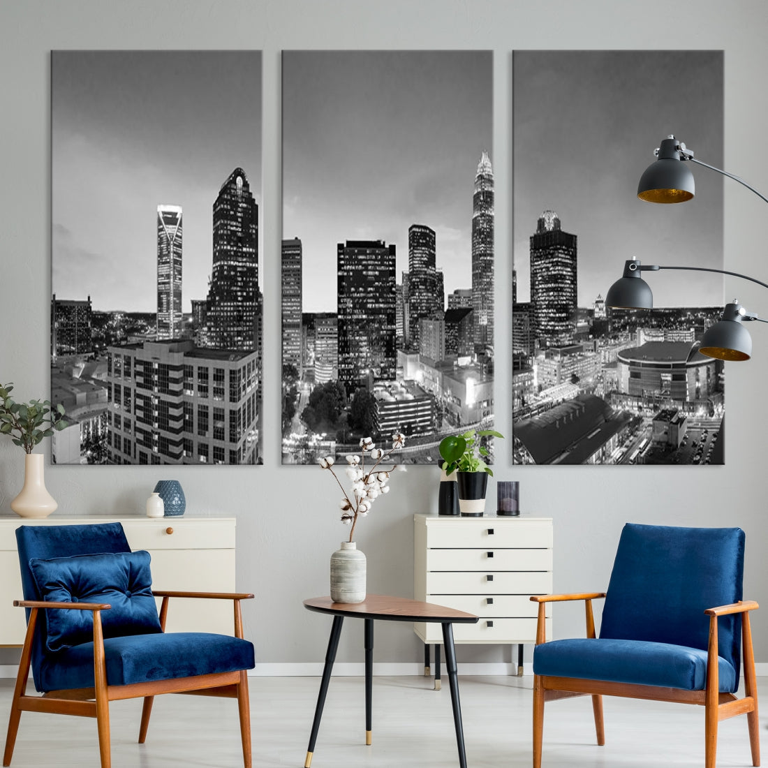 Aerial Charlotte City Skyline Wall Art Black and White Cityscape Canvas Print