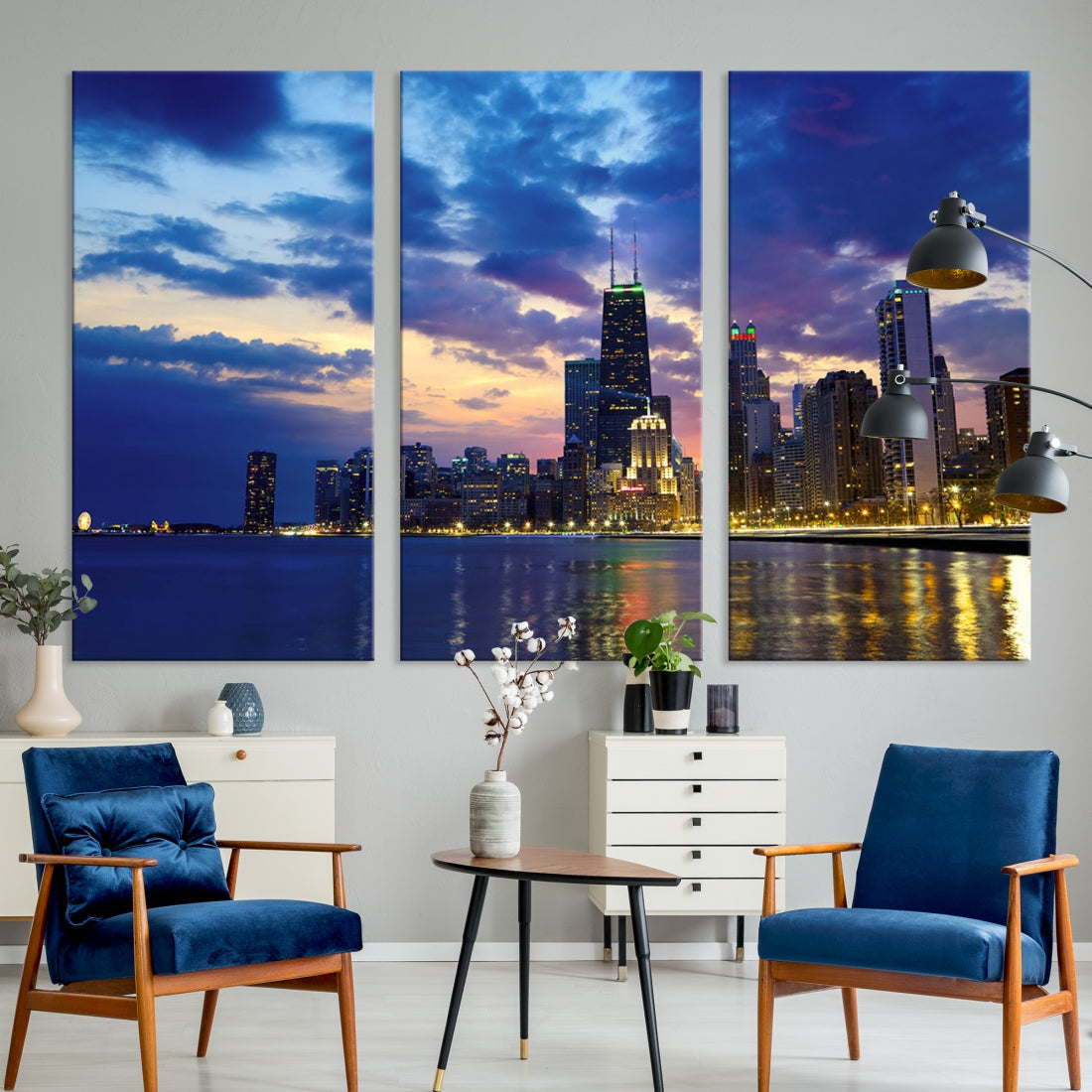 Blue Chicago Night Skyline Downtown Cityscape Large Wall Art Canvas Print