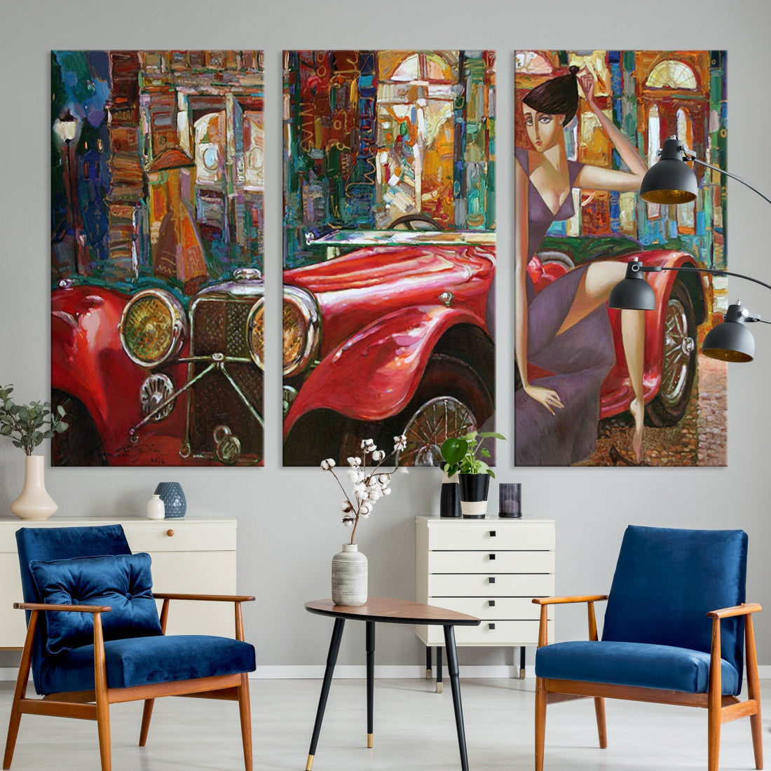 Lady With a Red Old Antique Car Jalopy Wall Art Canvas Print