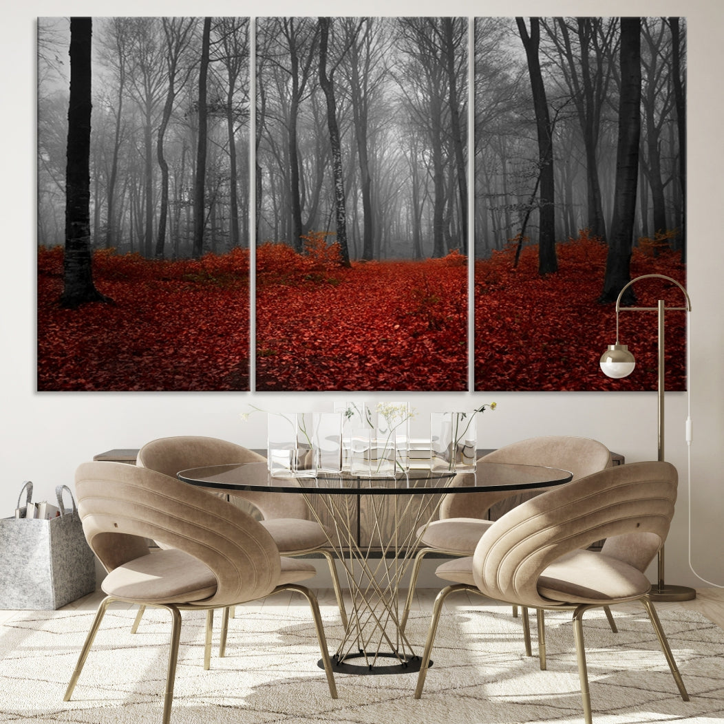 Foggy Forest with Red Leaves Autumn Landscape Giclee Canvas Extra Large Wall Art Print