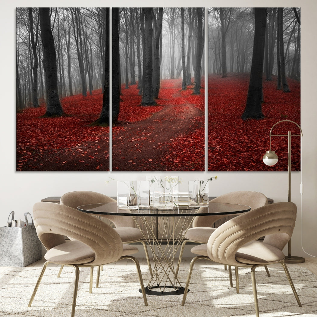 Wonderful Forest with Red Leaves on Ground Large Wall Art Landscape Canvas Print