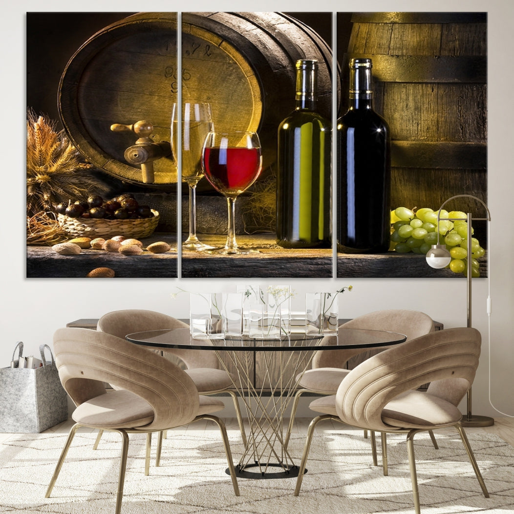 Red and White Wine with Bottles and Tun Giclee Canvas Wall Art Print
