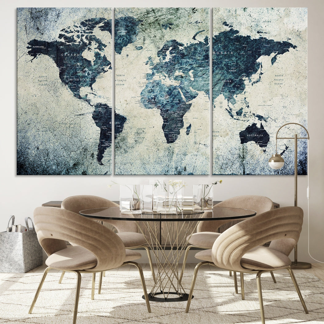 Extra Large World Map Wall Art Watercolor Painting on Canvas Print Grunge Vintage Decor