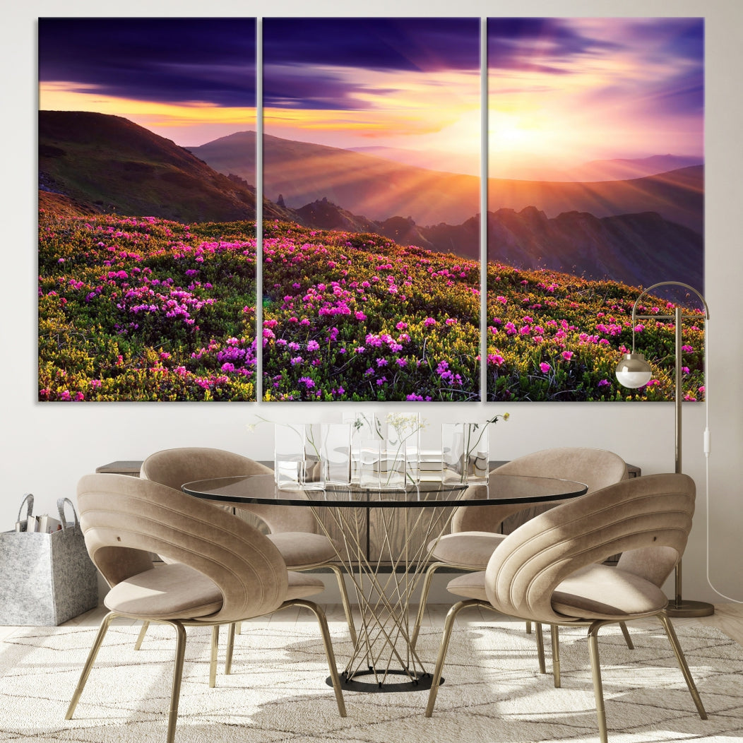 Alluring Spring Mountain with Flowers Sunset Landscape Canvas Wall Art Print