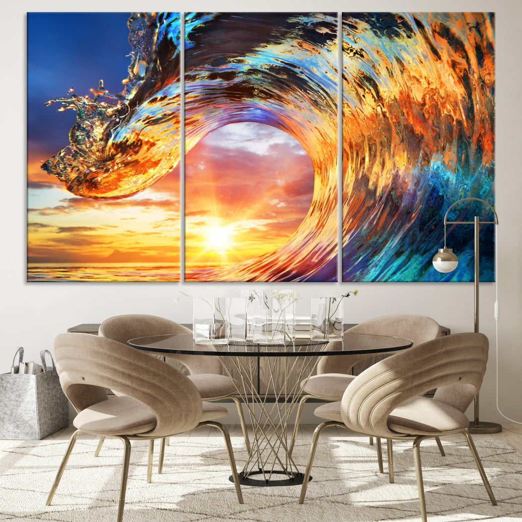 Large Canvas Wall Art Print of a Surface Wave Sunset Ocean