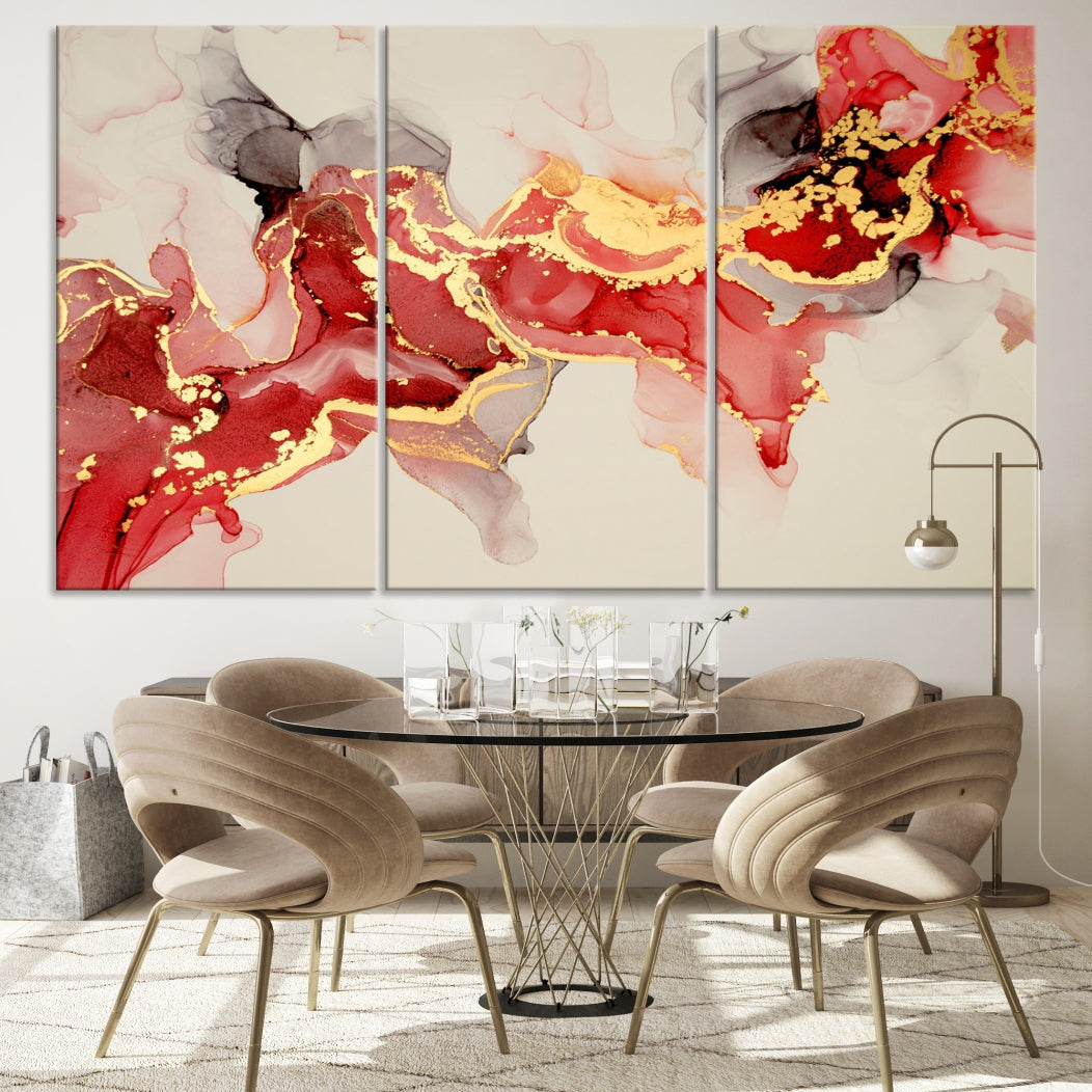 Contemporary Red Gold Abstract Painting on Canvas Print Framed Wall Decor